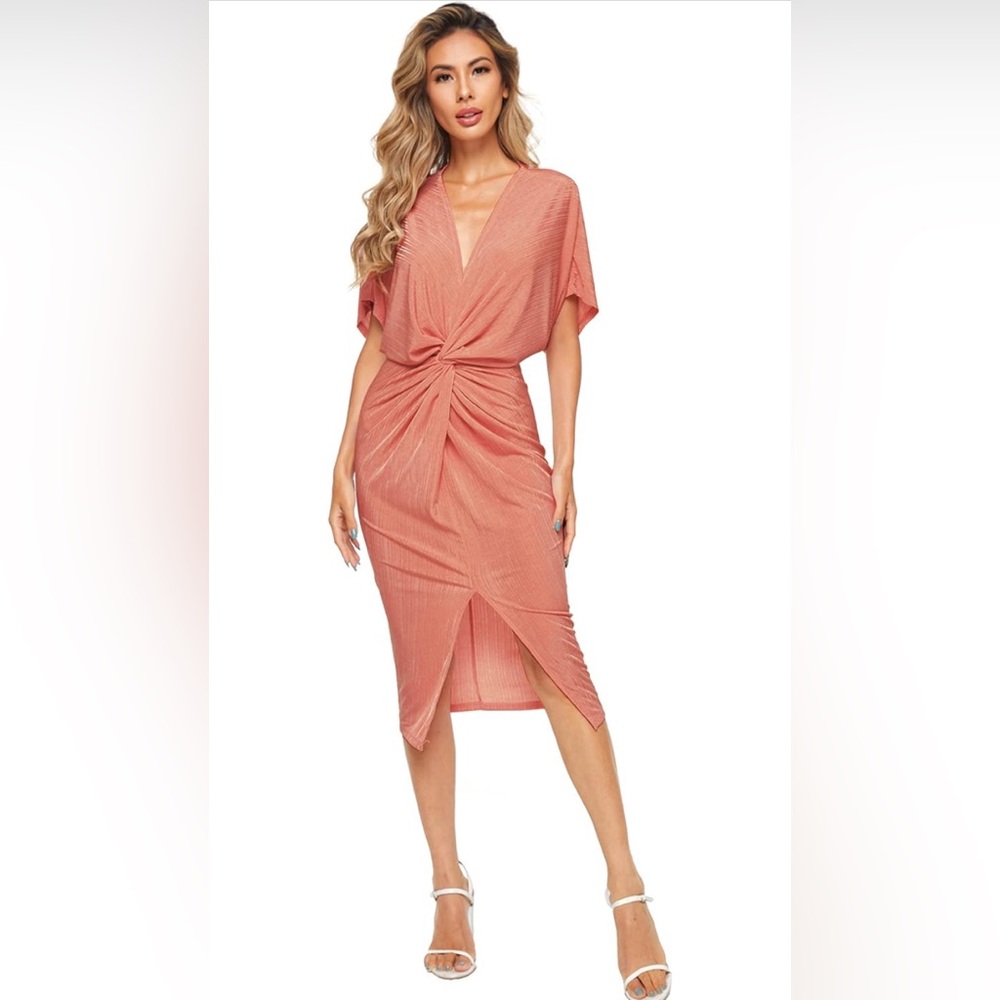 BRAND NEW Short Sleeve V Neck Twist Front Split Midi Dress